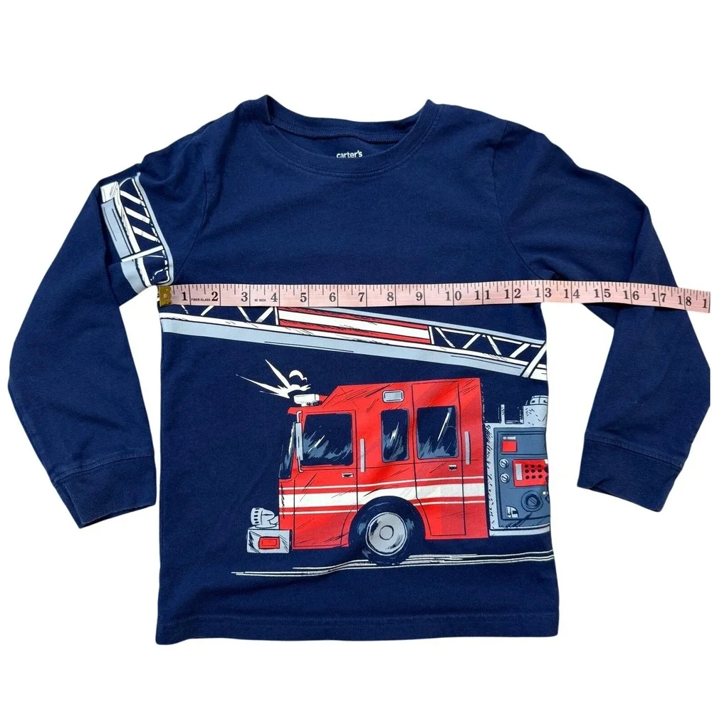 Carters Kid Boys Navy Blue Fire‎ Truck Long Sleeve Graphic Tee Shirt Size 6